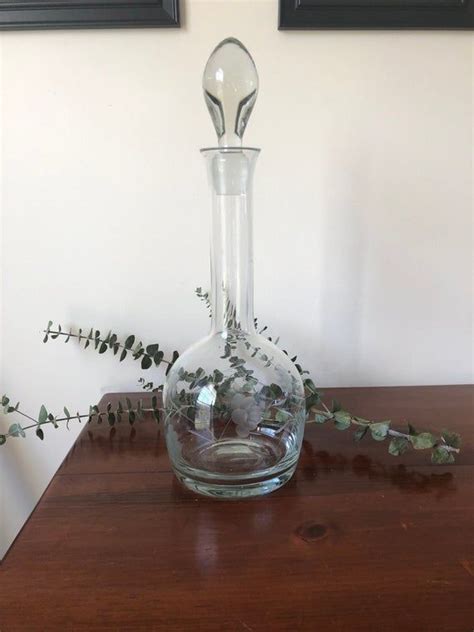 Mid Century Vintage Etched Glass Wine Decanter With Stopper Etsy