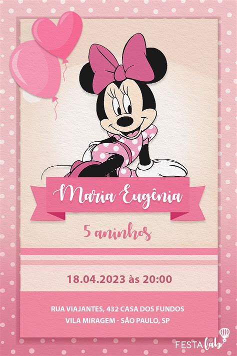 Criar convite de aniversário Convite Minnie Rosa FestaLab