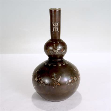 Antique Signed Japanese Meiji Period Mixed Metals Bronze Double Gourd