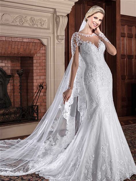 Mermaid Illusion Neckline See Through Back Lace Wedding Dress With Sleeves