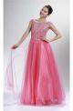 A Line Boat Neck Cap Sleeve Long Aqua Tulle Beaded Prom Dress