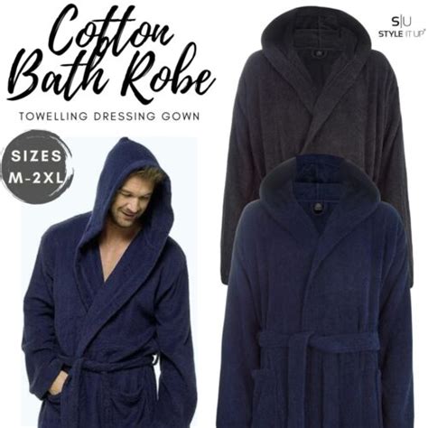 Mens Terry Towelling Bath Robe 100 Cotton Soft Dressing Gown Hooded