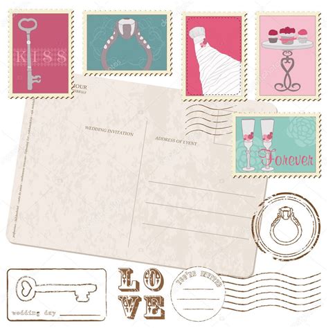 Set Of Wedding Postage Stamps with retro Postcard — Stock Vector ...