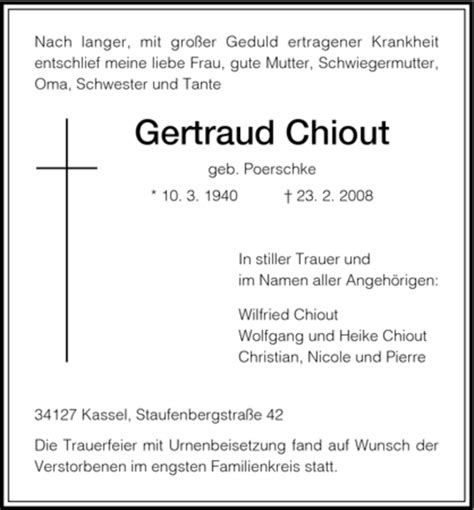 Traueranzeigen Von Gertraud Chiout Trauer HNA De