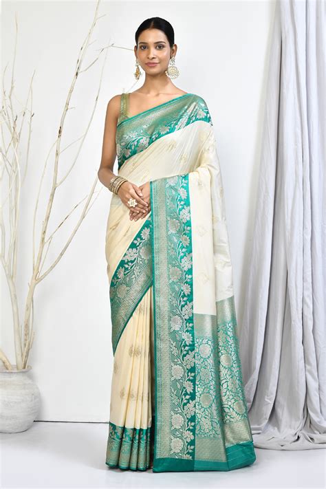 Buy Off White Banarasi Silk Woven Floral Pattern Saree With Running