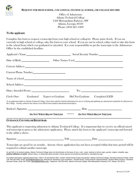 Transcript Request Form Atlanta Technical College