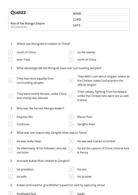 50 The Mongol Empire Worksheets For 7th Grade On Quizizz Free