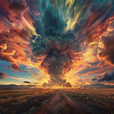 Dramatic Volcanic Eruption With Explosive Sky At Sunset Stock