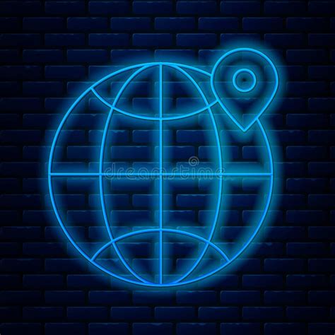 Glowing Neon Line Location On The Globe Icon Isolated On Brick Wall