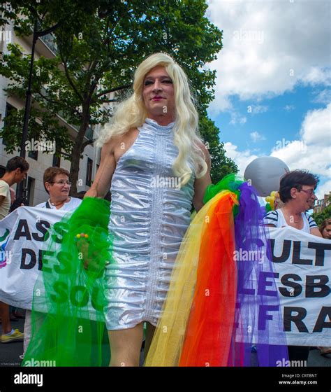 Paris France Transvestites Male In Dress Wig Marching In Gay