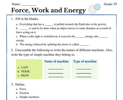 Mastering Force Work And Energy Grade 4 Worksheet PDF