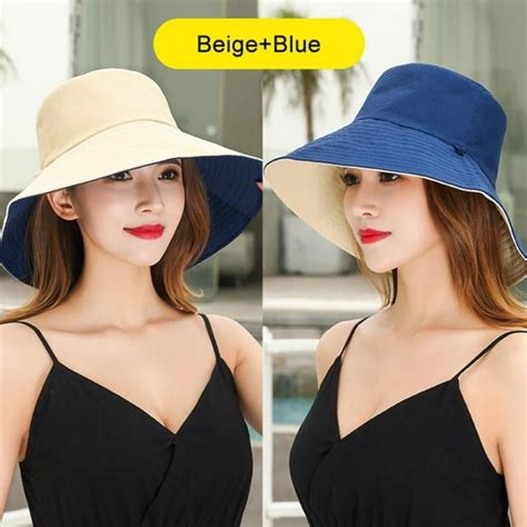 Womens Double Sided Sun Hat Uv Sun Protection Wide Brim Foldable Summer Beach Cap For Women