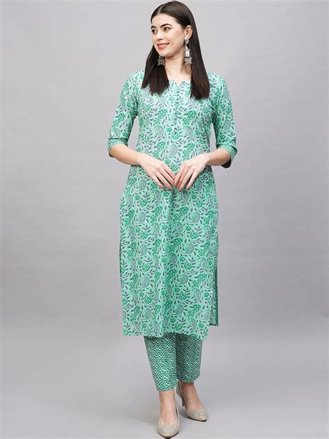 Buy KALINI Floral Printed Notch Neck Straight Kurta With Trousers