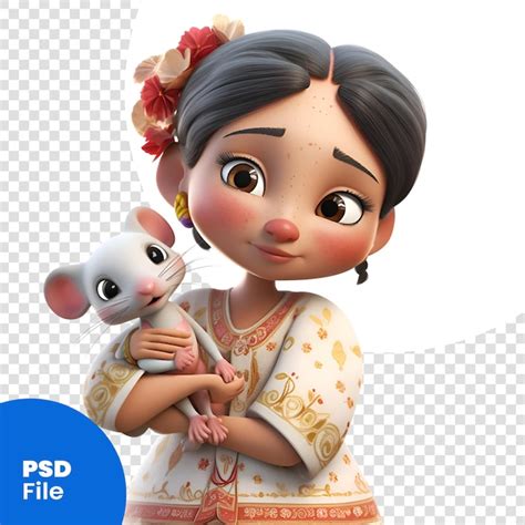 Renderização 3d De Uma Linda Garota Chinesa Com Um Rato Em Um Modelo