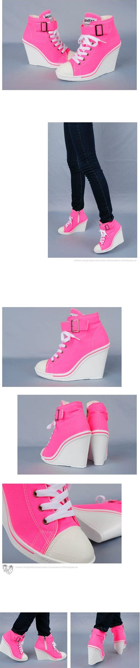 Women Canvas Wedge High Heels Sneakers Tennis Shoes Boots Neon Pink US5