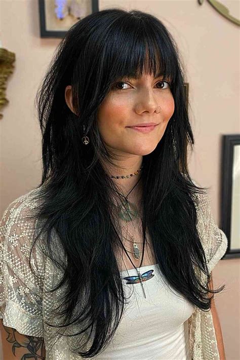 Long Jet Black Shag With Wispy Fringe For Ladies With Layered Hair Black Hair Fringe Black Hair