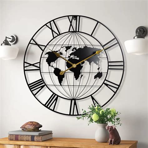 Keqam Large World Map Wall Clock Metal Minimalist Modern Clock Round Decorative Silent Non