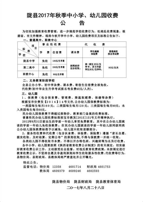 隴縣2017年秋季中小學、幼兒園收費公告 每日頭條