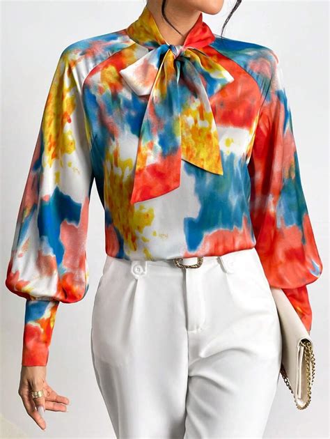 Shein Privé Tie Dye Tie Neck Lantern Sleeve Blouse Shein Usa