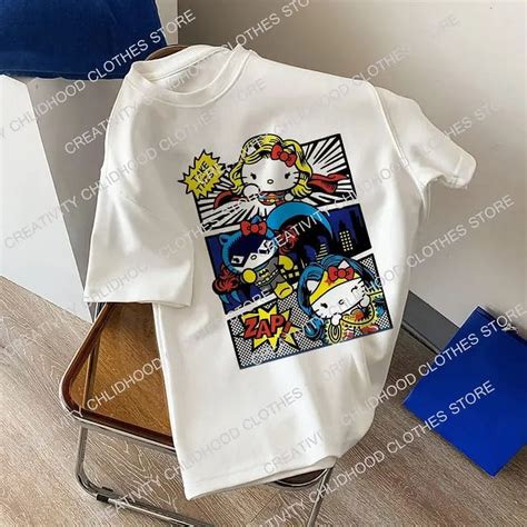 Hello Kitty T Shirt Women Cotton Sanrio Y2k Anime Tee Shirts Kawaii Cartoons Casual Clothes