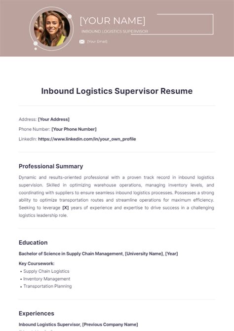 Free Inbound Logistics Supervisor Resume Template To Edit Online
