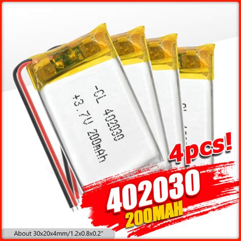 4pcs 402030 37v 200mah Li Ion Lipo Cells Lithium Li Po Polymer Rechargeable Battery For