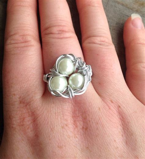 Silver Wire Wrapped Birds Nest Ring With Pearl Bead Eggs Etsy