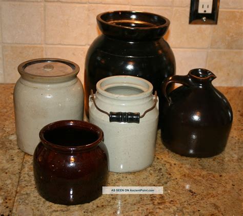 Antique Stoneware Group Of Jug And Assorted Crocks Primitives Photo