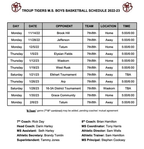 Middle School Basketball Schedules Troup Middle School