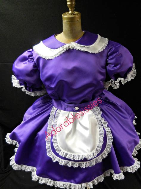 Custom Sissy Maid Dress In Deep Violet Purple Satin Apron Trimmed In