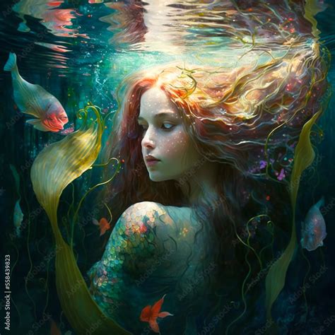 mermaid looking back in the ocean Stock Photo | Adobe Stock