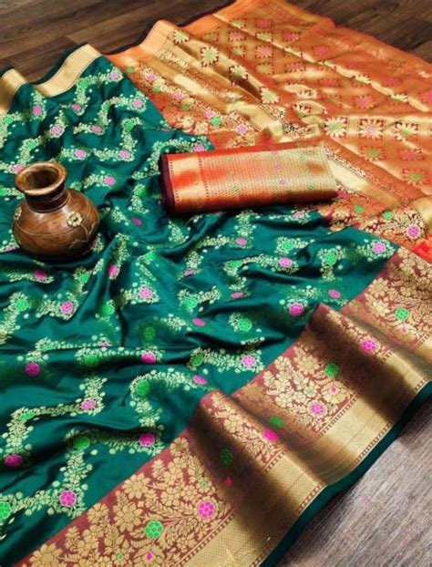 Buy Fospy Women Green Silk Blend Jacquard Printed Regular Kanjivaram