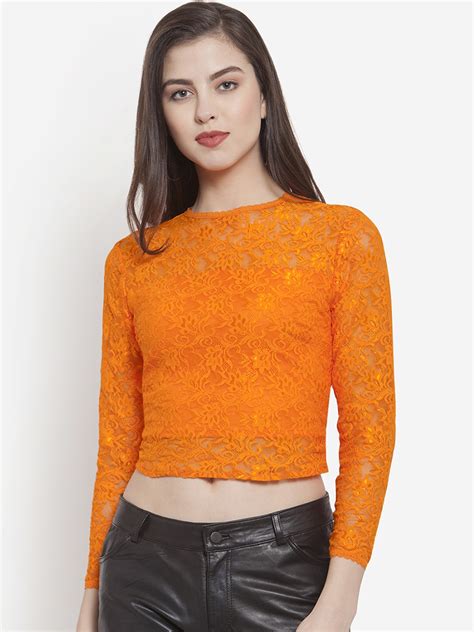 Buy Martini Women Orange Self Design Fitted Top Tops For Women