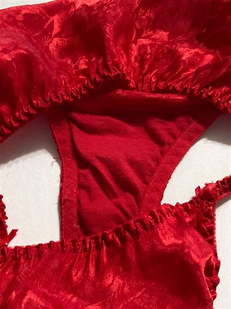 Vintage Red Shiny Satin String Bikini Panties Polyester Bows Sissy Size Xl