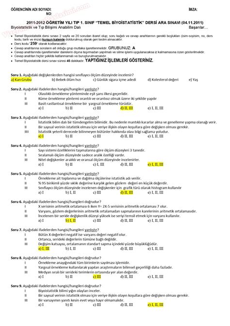 Temel Biyoistatistik Final Sınav Soruları A Grubu Vize ve Final