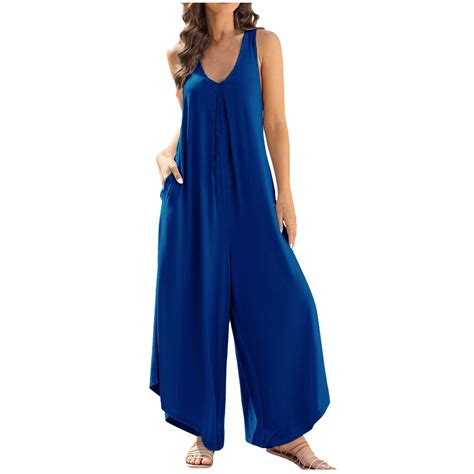 Honhuzh Wide Leg Jumpsuits For Women Casual Summer Rompers Womens Fashion Summer Solid Pocket