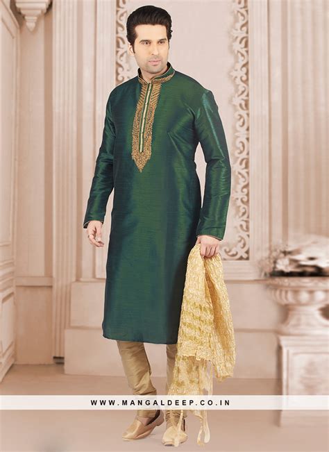 Wedding Wear Fancy Kurta Payjama In Green