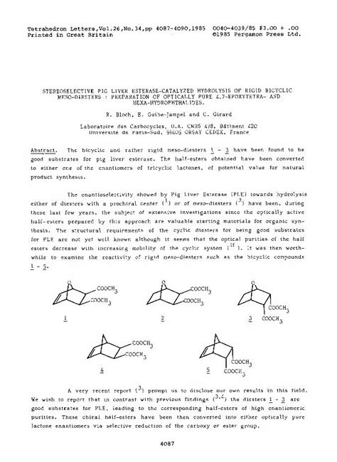 Pdf Stereoselective Pig Liver Esterase Catalyzed Hydrolysis Of Rigid