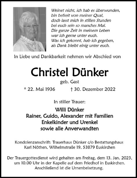 Traueranzeigen von Christel Dünker WirTrauern