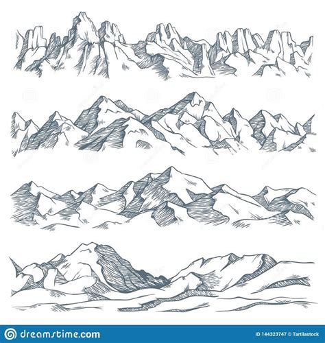 Four Different Mountains Drawn In Pencil On White Paper