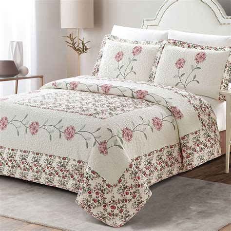 Carnation Rose Floral Ivory Quilted Embroidered Bedspread Bedding