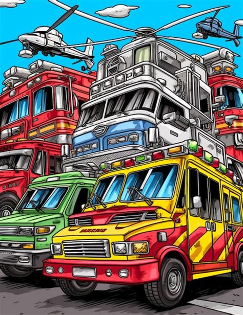 Illustration De Dessin Animé D un Groupe De Camions De Pompiers Et D