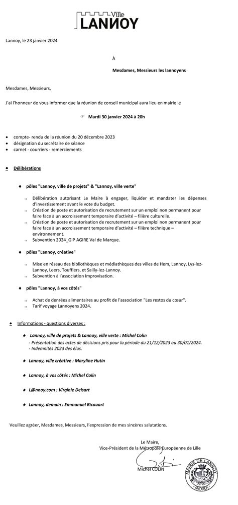 Ordre Du Jour Du Conseil Municipal Du 30 Janvier 2024 Ville De Lannoy