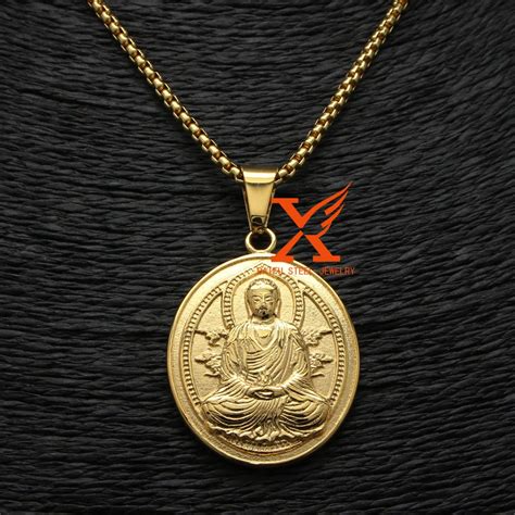 24 3mm Men Yellow Gold Stainless Steel Buddha Chain Pendant Necklace