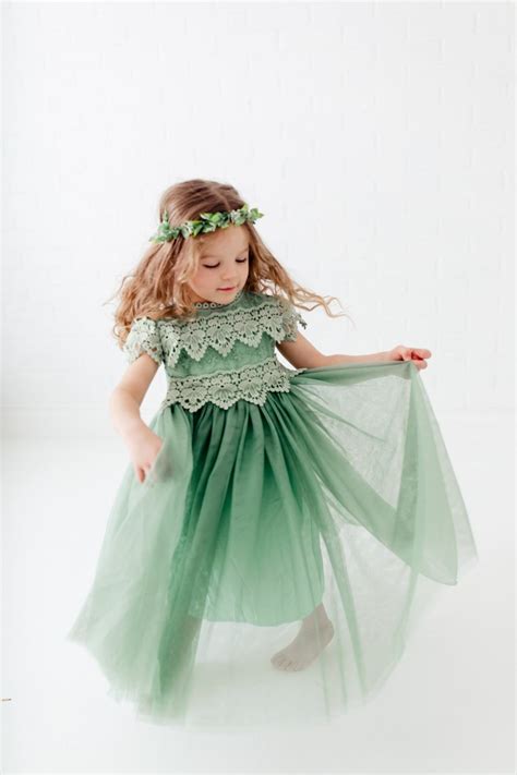 Boho Sage Lace Flower Girl Dress Romantic Green Toddler Tulle Etsy