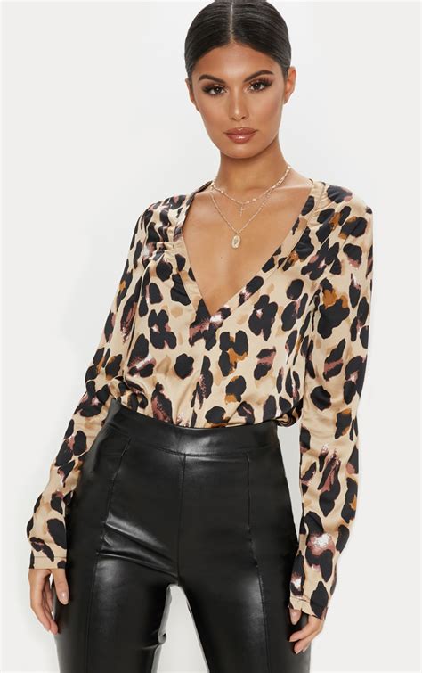 Gold Satin Leopard Plunge Bodysuit Tops Prettylittlething Usa