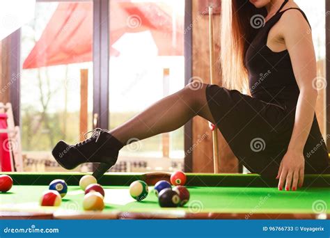 Young Woman Posing Having Fun With Billiard Stock Image Image Of