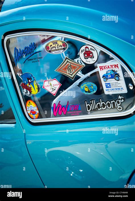 Surfing life style window stickers on an old VW Beetle car Stock Photo ...