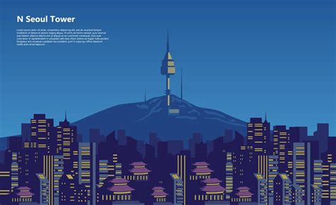 City Scape N Seoul Tower Korea Vector Flat Design Illustration