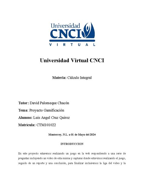 Proyecto Gamificación Universidad Virtual CNCI Materia Cálculo